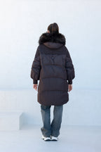 Dakota Genuine Fur Trim Down Fill Coat in Chocolate