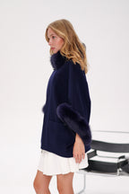 Genuine Polar Fox Fur Cashmere Blend Poncho in True Navy - SJB-DIAMOND ELITES