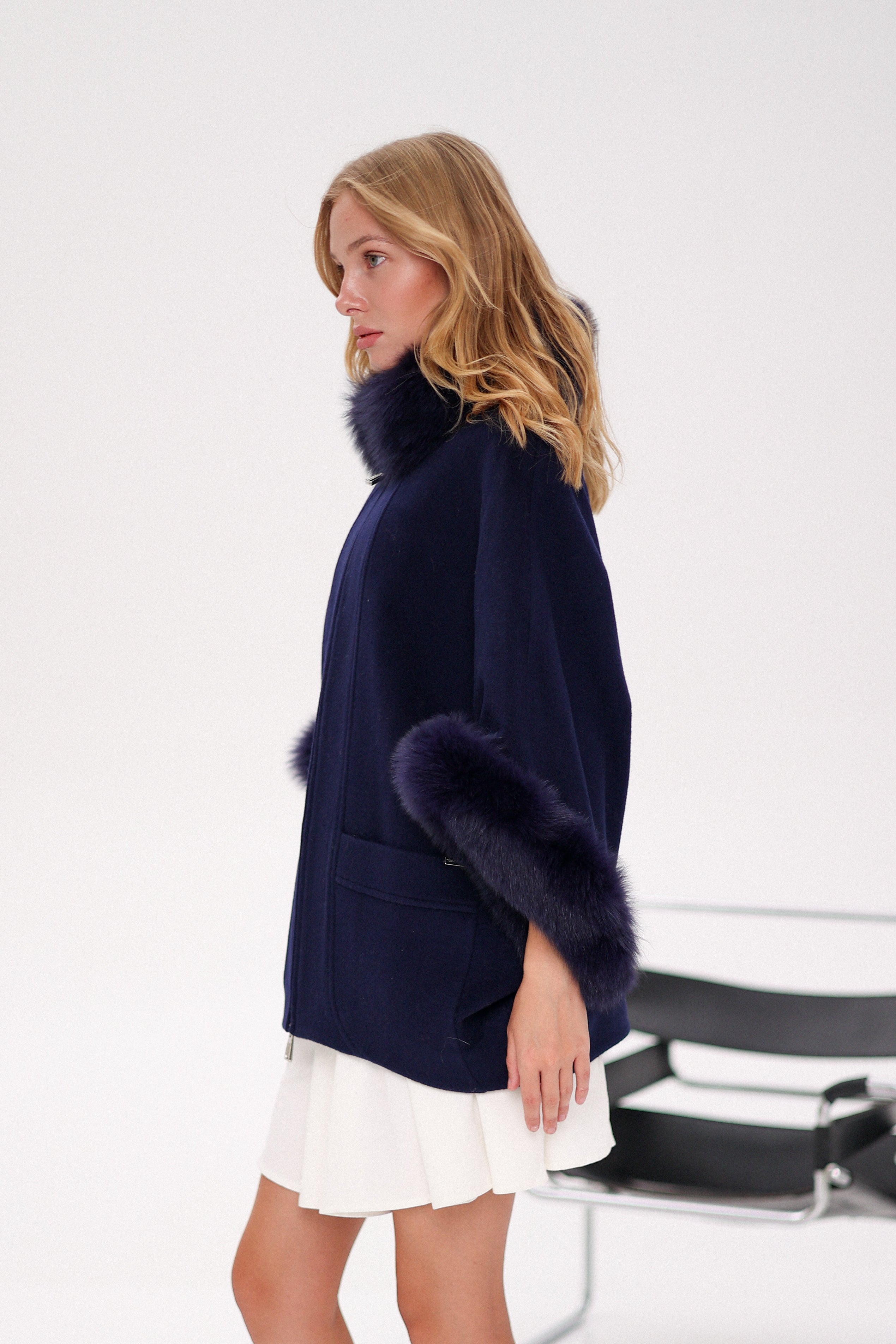 Genuine Polar Fox Fur Cashmere Blend Poncho in True Navy - SJB-DIAMOND ELITES