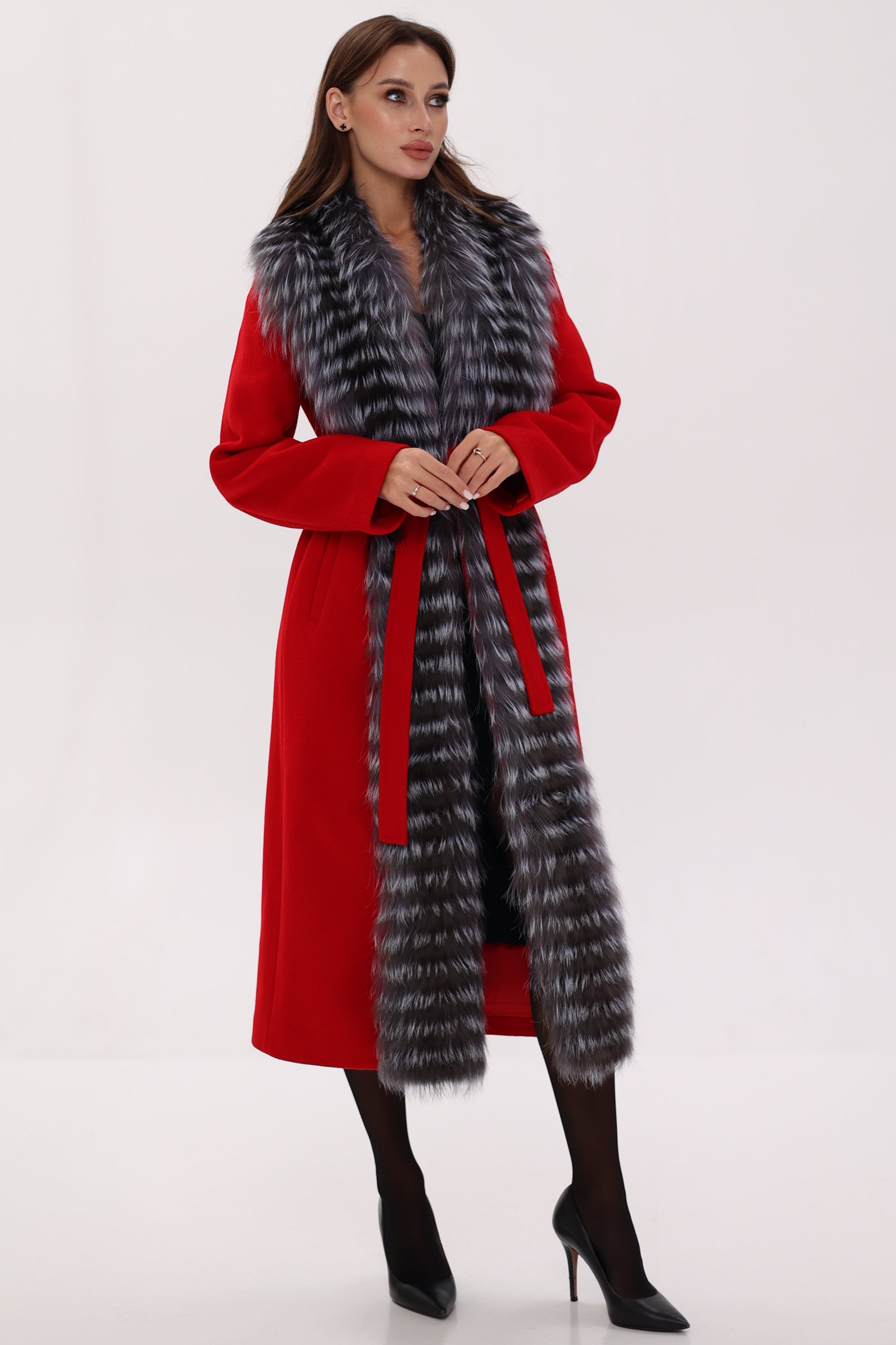 Genuine Silver Fox Virgin Wool Wrap Coat in Red - SJB-DIAMOND ELITES