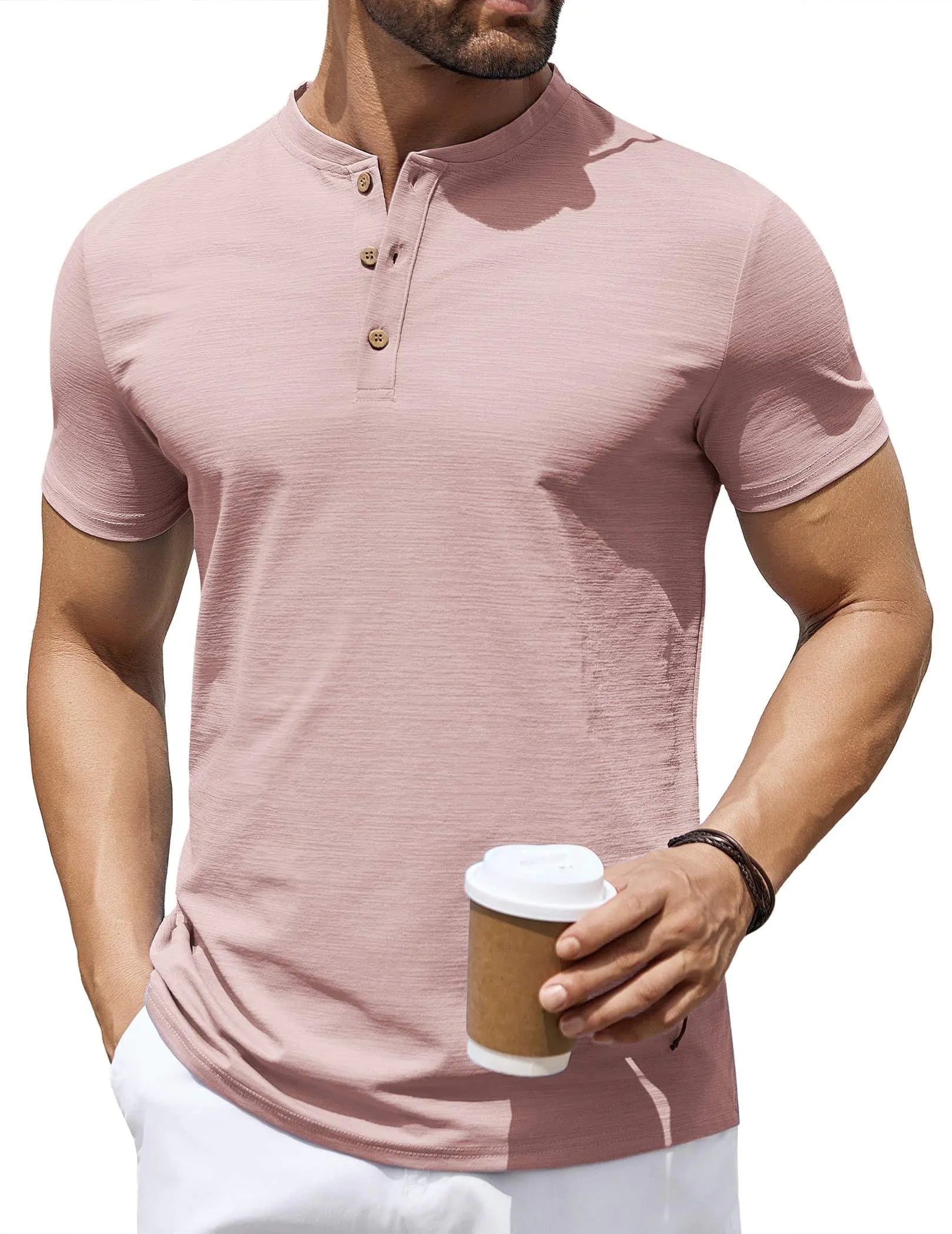 COOFANDY Mens Stretch T Shirts Short Sleeve Casual Henley Shirts Novelty Button Down Shirts Pink Lootquake LLC