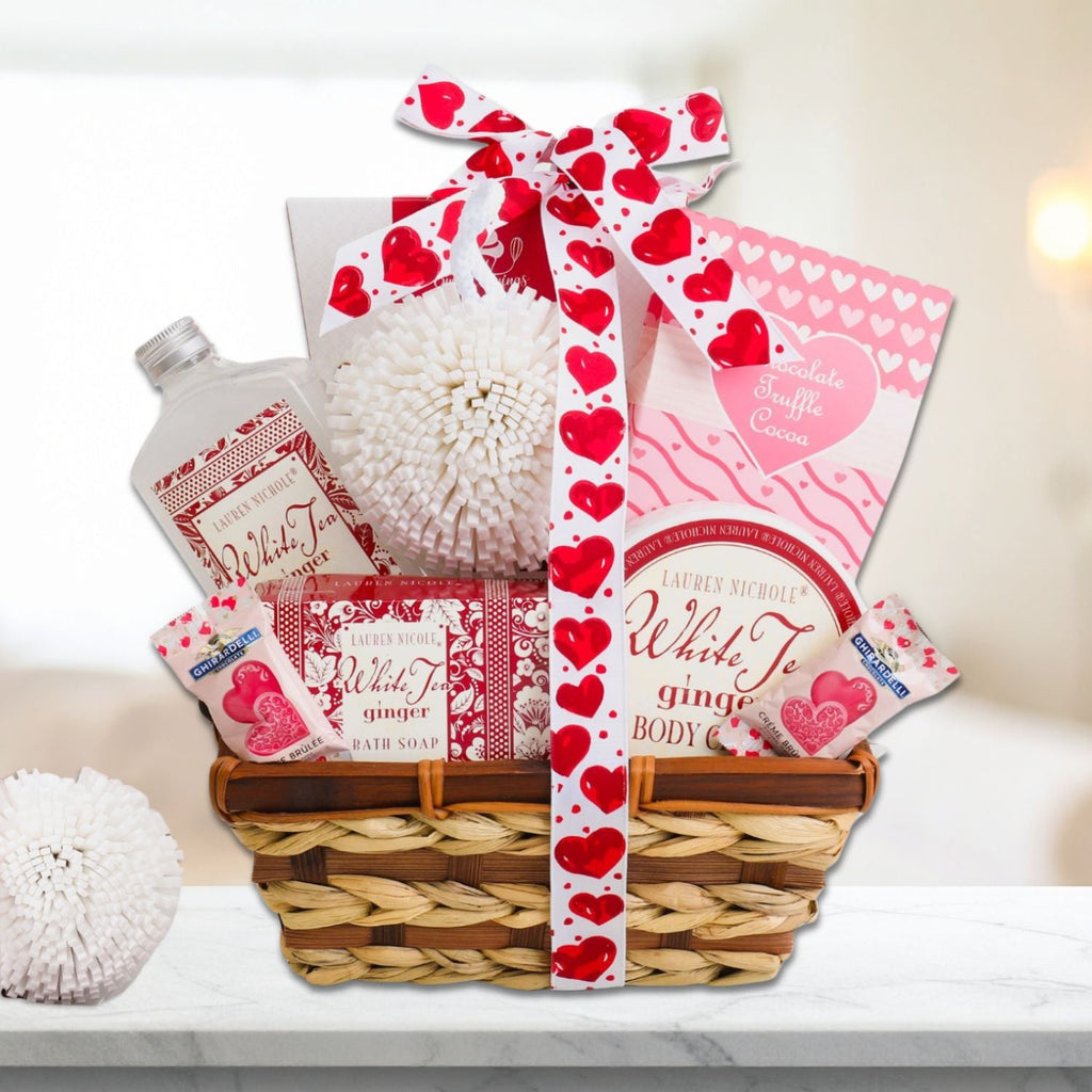 White Tea and Warm Ginger Valentine Spa Gift Basket Alder Creek Gift Baskets