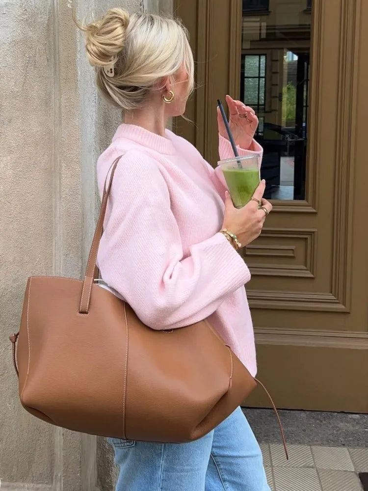 Fashion Pink Solid Warm Thick Loose Sweater Women Elegant O-neck Long Sleeve Knitted Pullover Top Autumn Female Tops Jumpers - SJB-DIAMOND ELITES