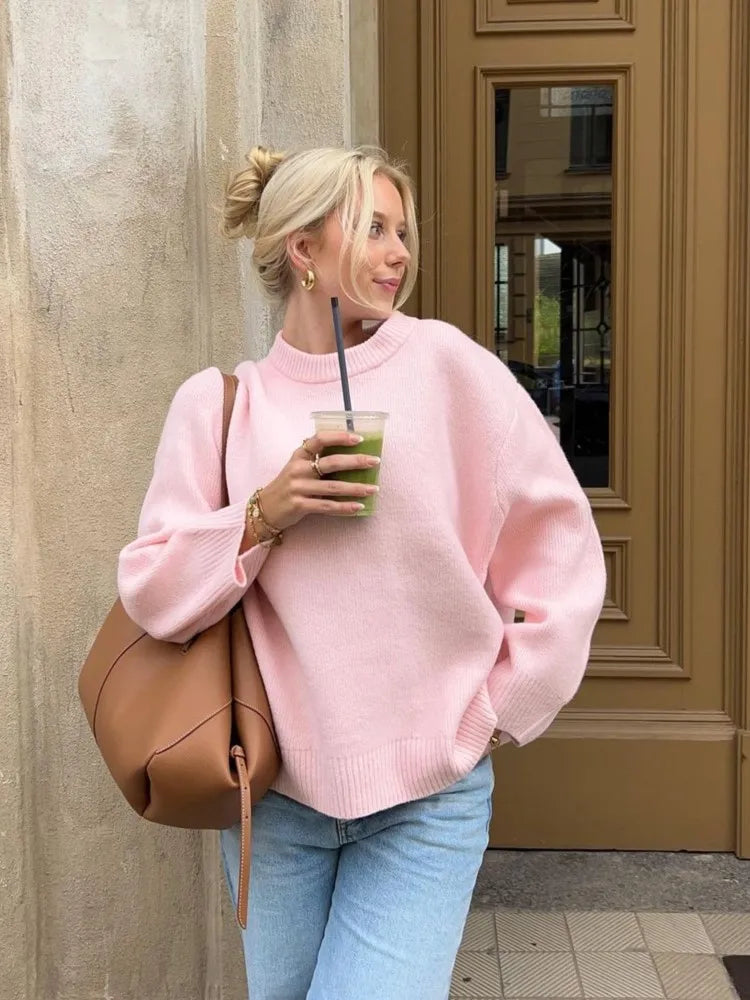 Fashion Pink Solid Warm Thick Loose Sweater Women Elegant O-neck Long Sleeve Knitted Pullover Top Autumn Female Tops Jumpers - SJB-DIAMOND ELITES