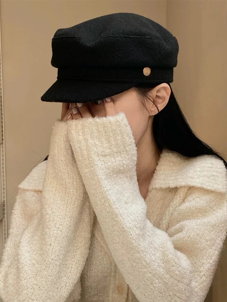 Fashion gold button hat autumn and winter temperament flat top British Korean version of cap wool newsboy hat - SJB-DIAMOND ELITES