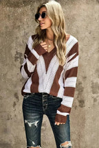 Fashion Brown Striped Colorblock V Neck Knitted Sweater - SJB-DIAMOND ELITES