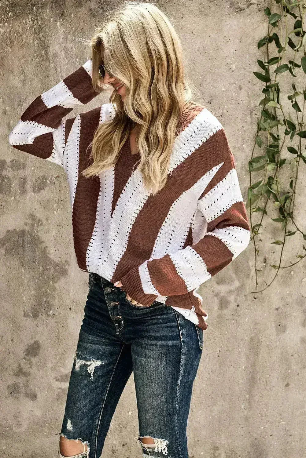 Fashion Brown Striped Colorblock V Neck Knitted Sweater - SJB-DIAMOND ELITES