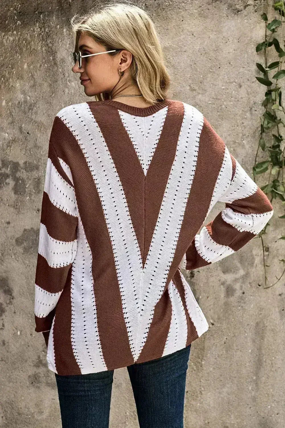 Fashion Brown Striped Colorblock V Neck Knitted Sweater - SJB-DIAMOND ELITES