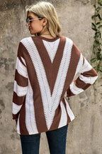 Fashion Brown Striped Colorblock V Neck Knitted Sweater - SJB-DIAMOND ELITES