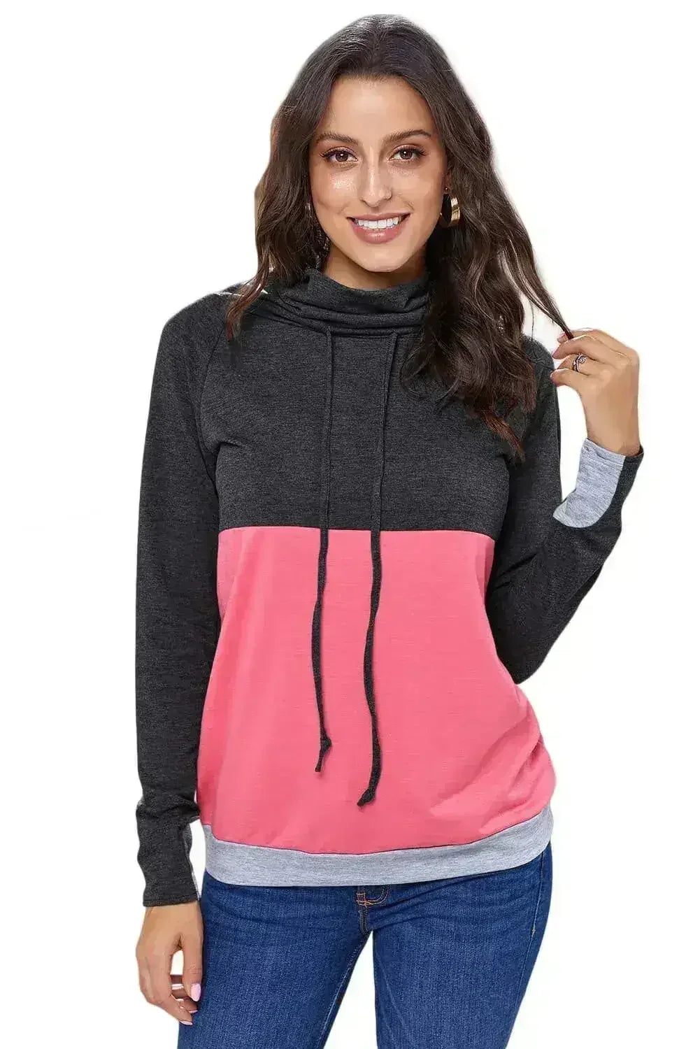 Fashion Charcoal Pink Colorblock Thumbhole Sleeved Sweatshirt - SJB-DIAMOND ELITES