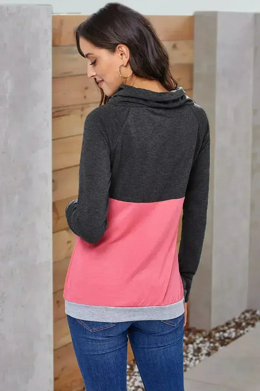 Fashion Charcoal Pink Colorblock Thumbhole Sleeved Sweatshirt - SJB-DIAMOND ELITES