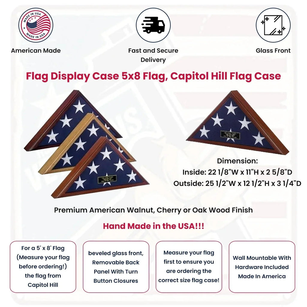 Flag Display Case 5x8 flag, Capitol Hill Flag Case Available in Heirloom Walnut, Cherry or Oak Finish The Military Gift Store
