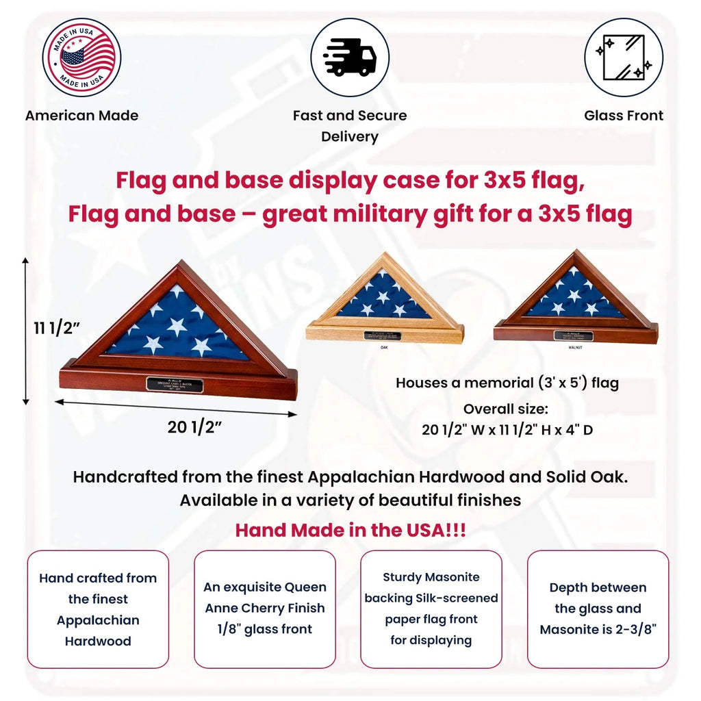 Flag and base display case for 3x5 flag, Flag and base – great military gift for a 3x5 flag, Flag and pedestal display case The Military Gift Store