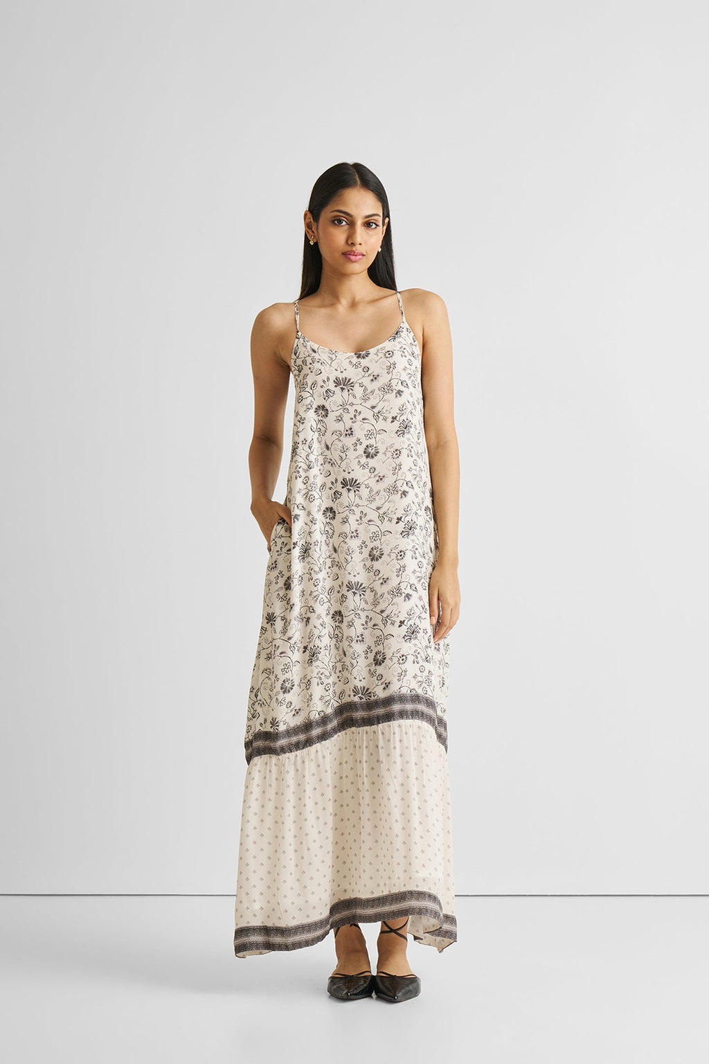 Flowy Maxi Dress in Black Florals Purplish Diva