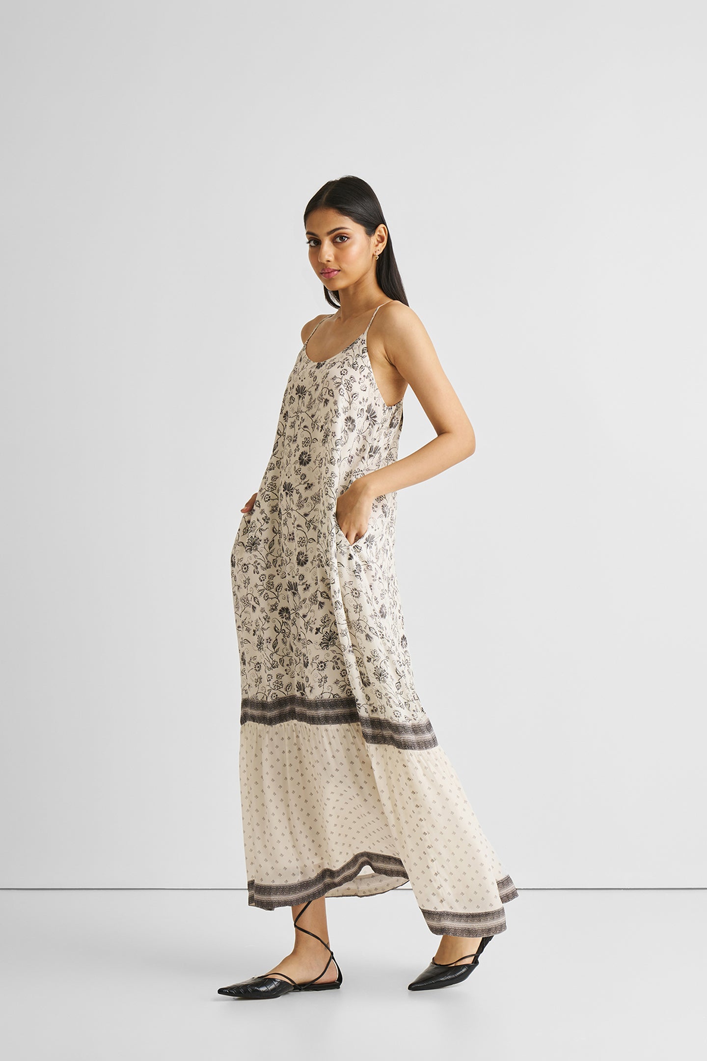 Flowy Maxi Dress in Black Florals Purplish Diva