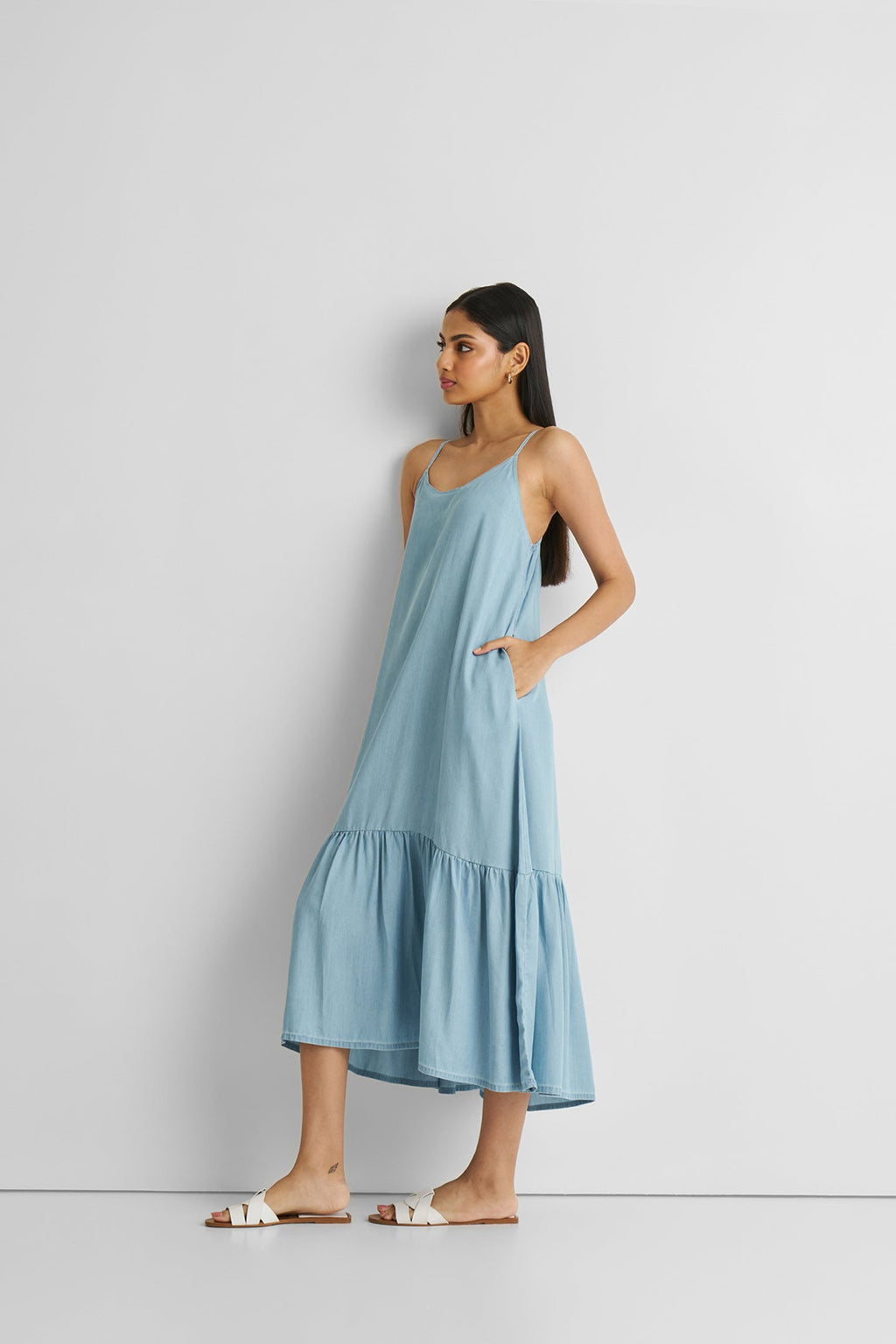 Flowy Maxi Dress in Blue Denim Purplish Diva