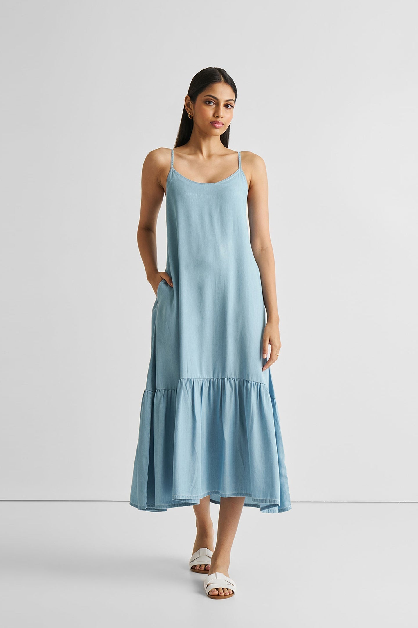 Flowy Maxi Dress in Blue Denim Purplish Diva