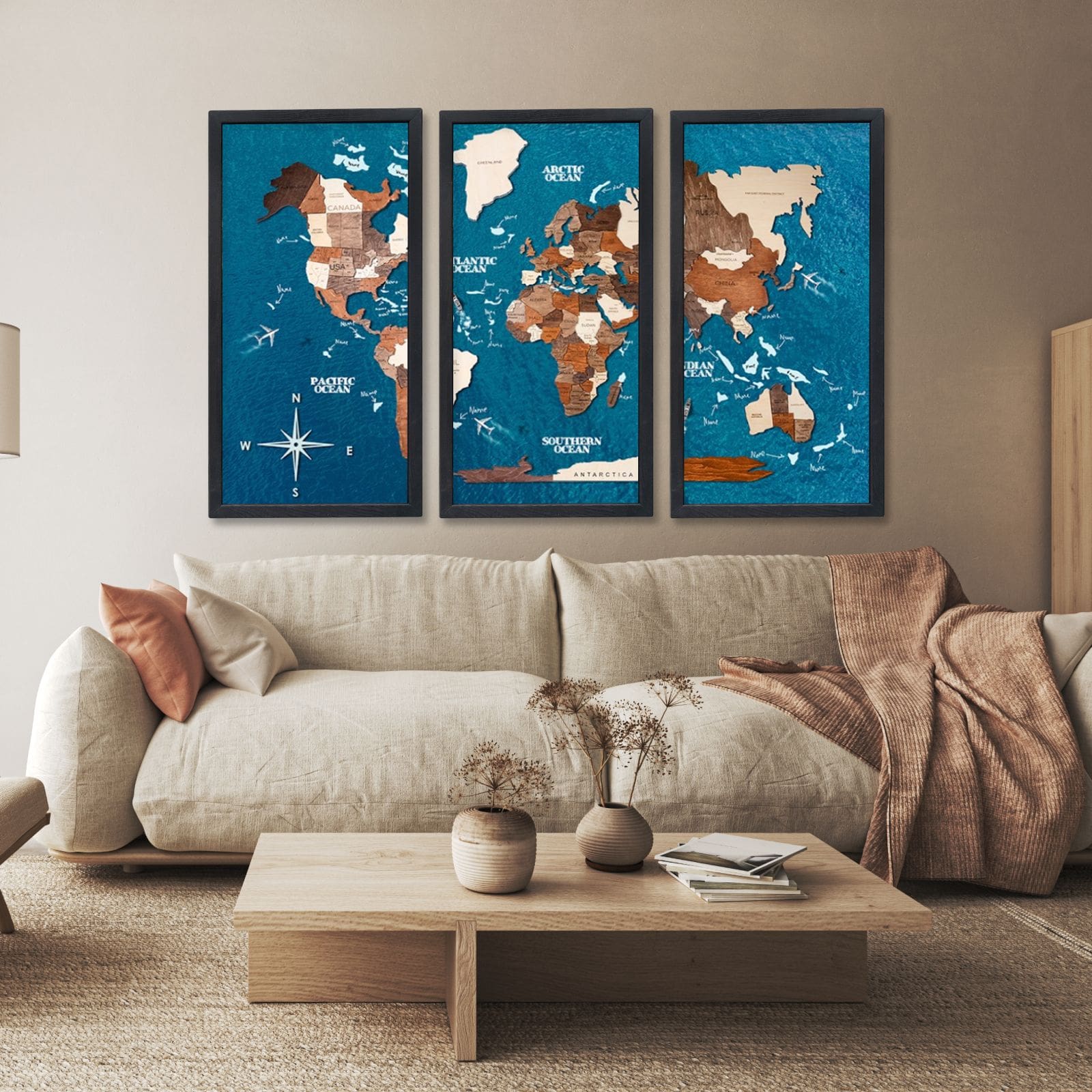 3D Wooden Triptych World Map Multicolor Enjoy The Wood