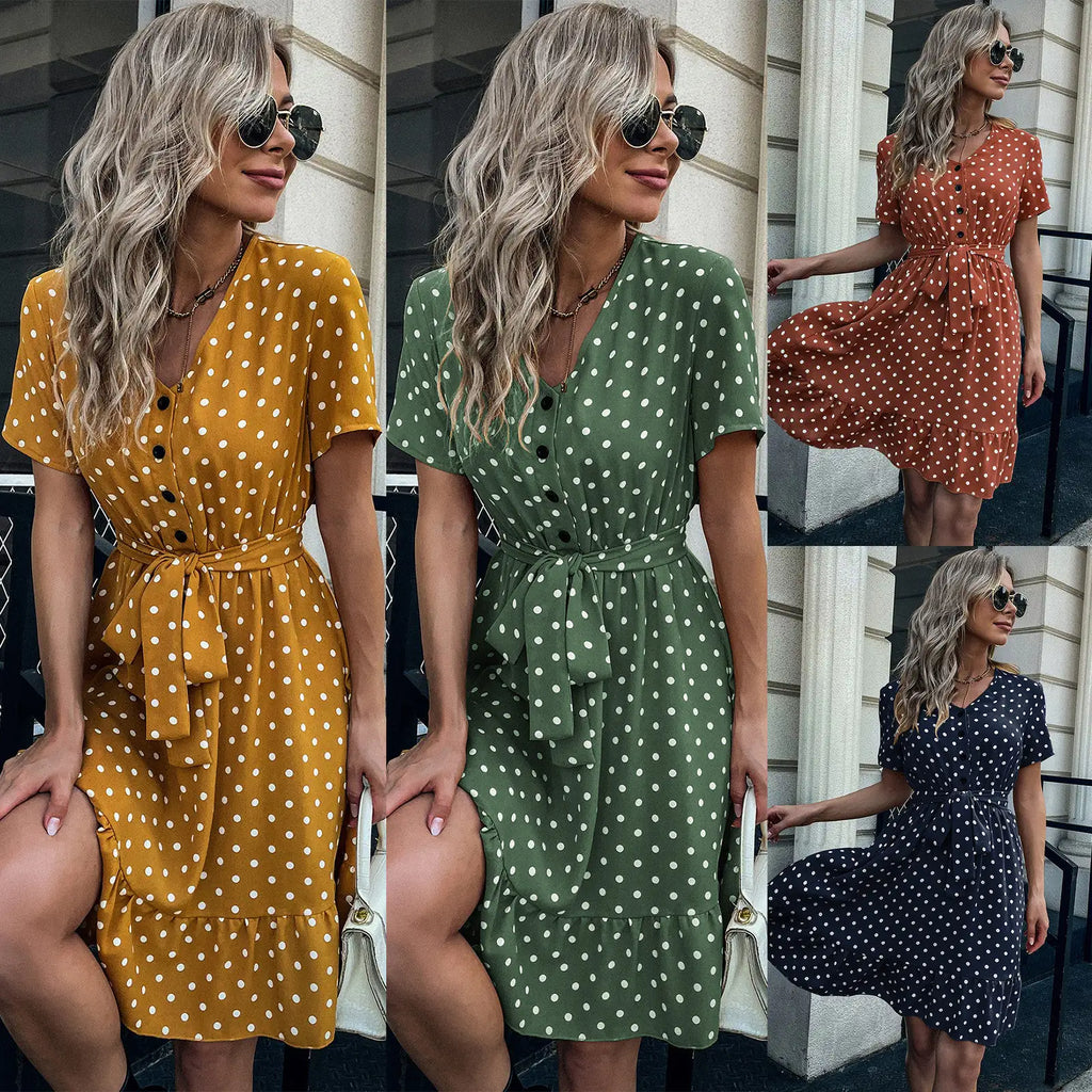 European And American Summer V Neck Short Sleeved Ruffled Polka Dot Dress Pi-Mart