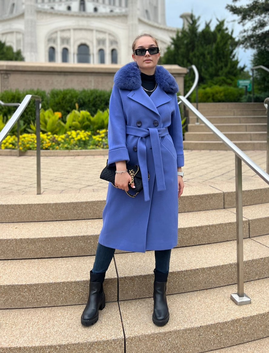 Genuine Polar Fox Collar Cashmere Wool Coat - SJB-DIAMOND ELITES
