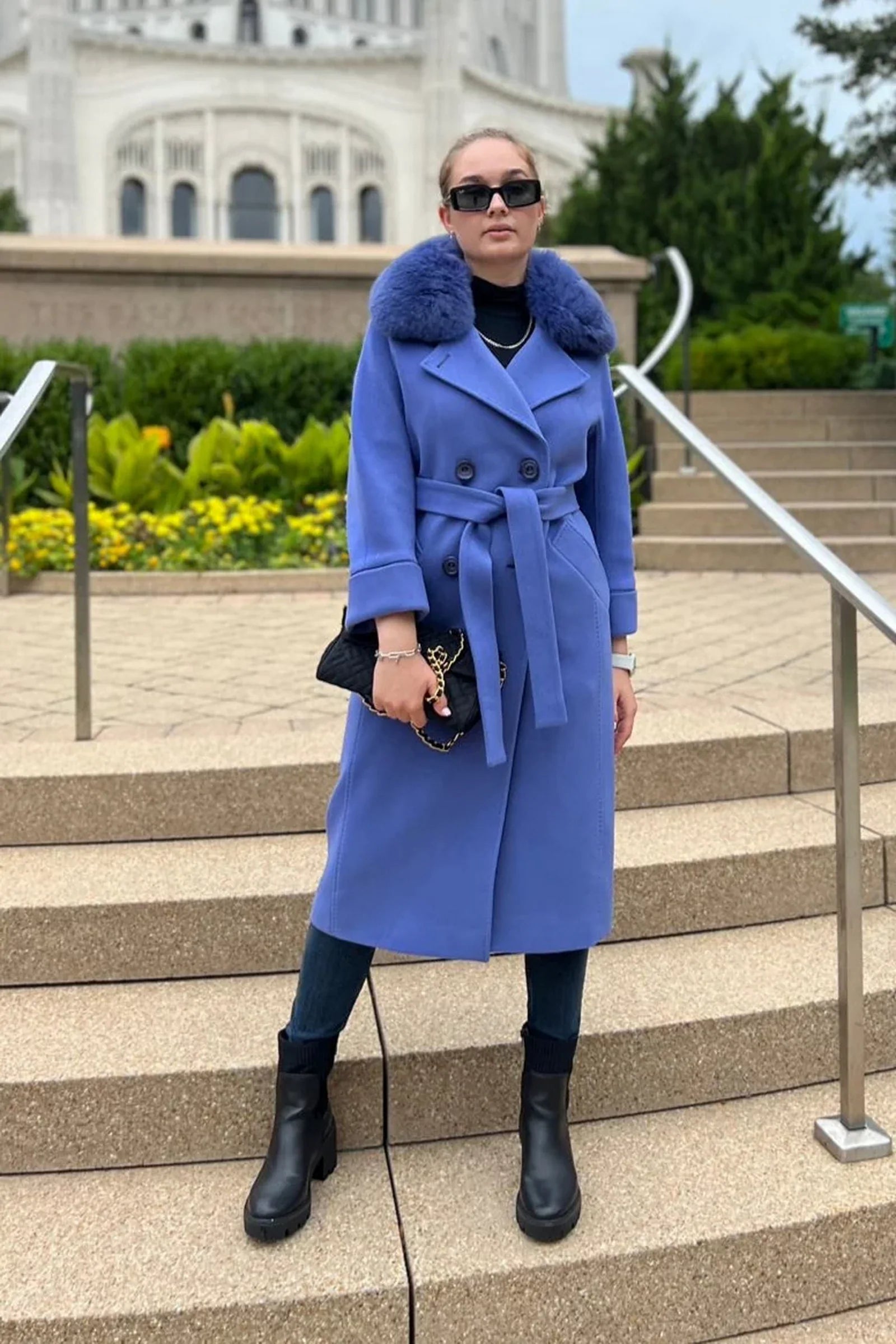 Genuine Polar Fox Collar Cashmere Wool Coat - SJB-DIAMOND ELITES