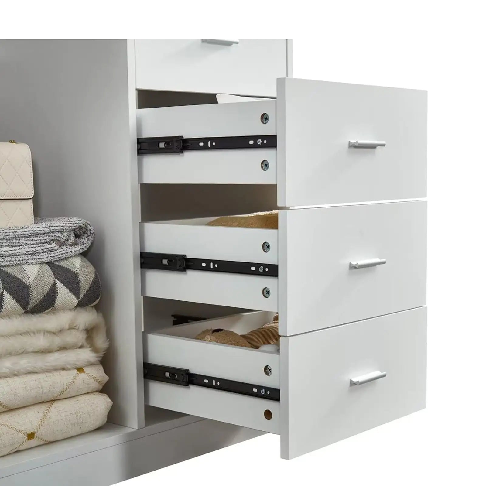 White Wood Closet System Storage Stand-Alone Wardrobe with 4 Drawers Closet Organizer Armoires and Wardrobeswith Hanging Rod 31.5"W x 15.7"D x 70.8"H Pi-Mart