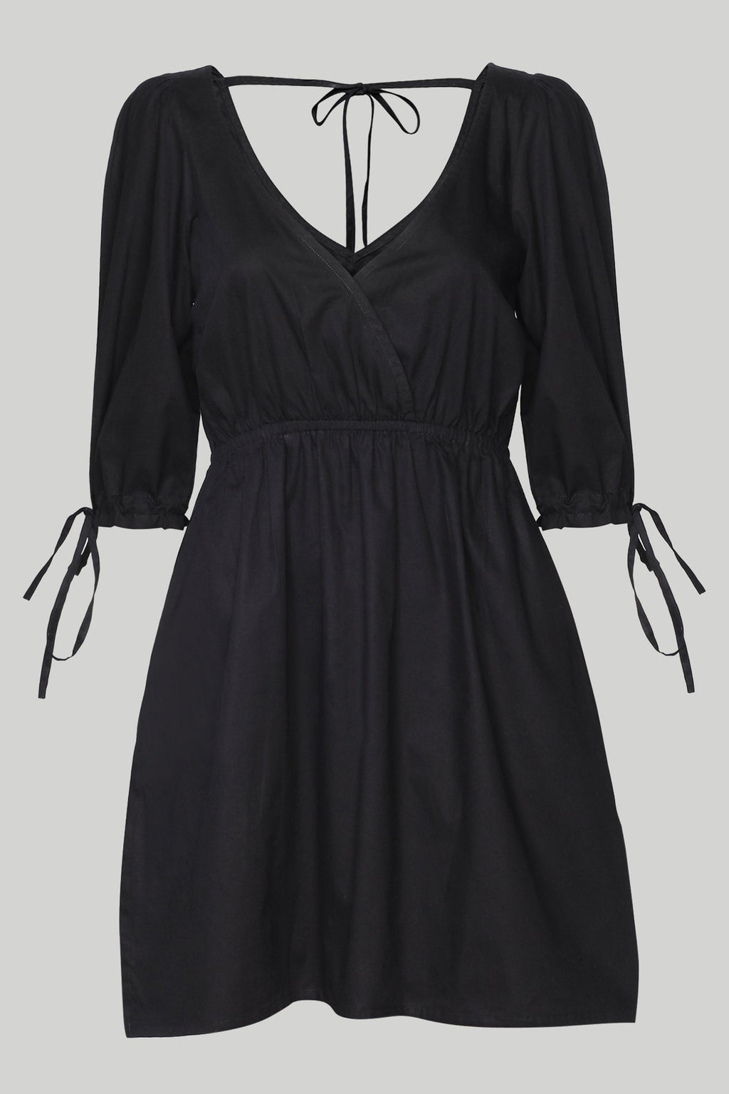 Gathered Elbow Sleeve Short Dress in Black Purplish Diva