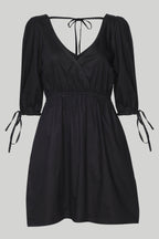 Gathered Elbow Sleeve Short Dress in Black Purplish Diva