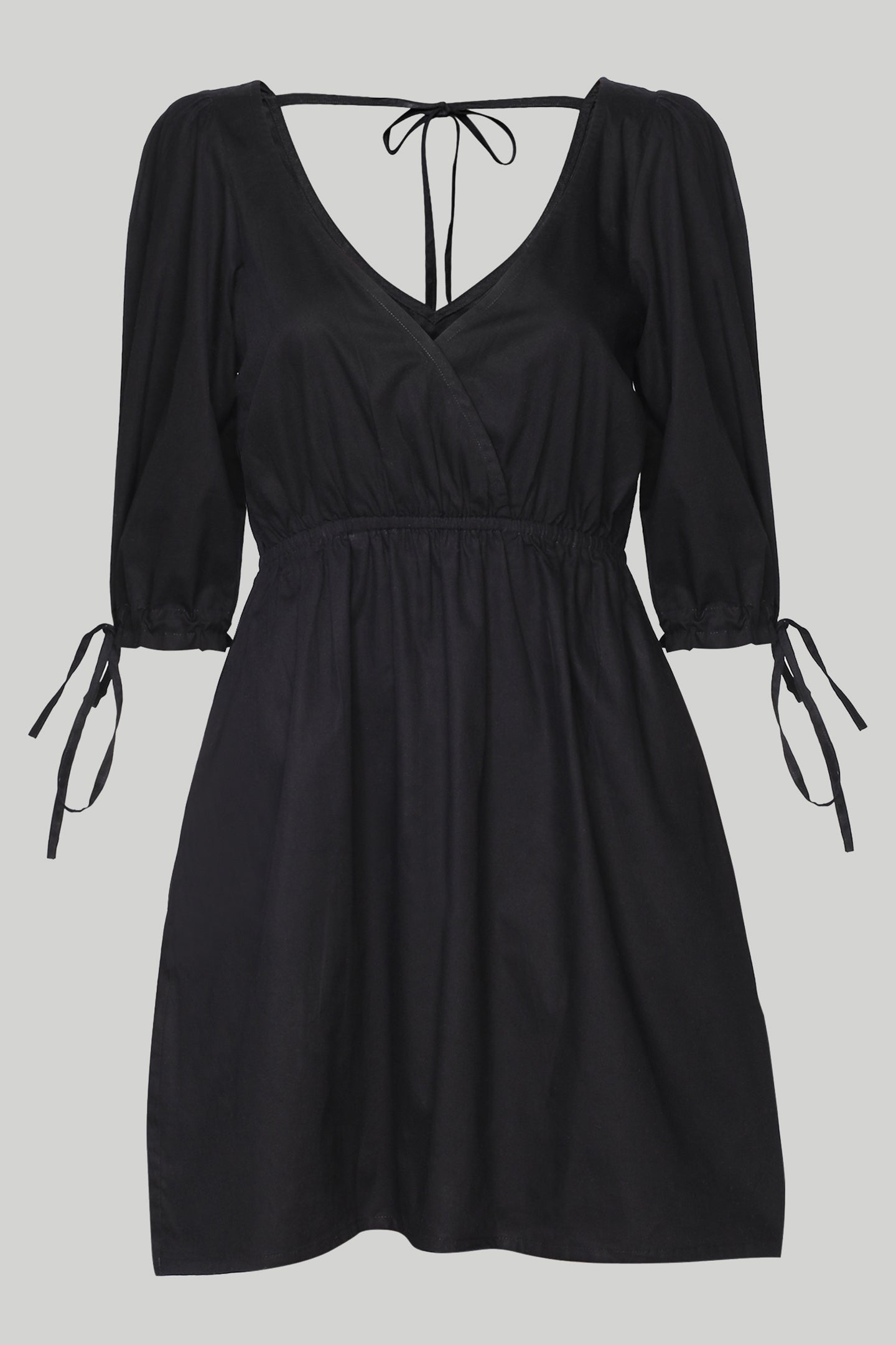 Gathered Elbow Sleeve Short Dress in Black Purplish Diva