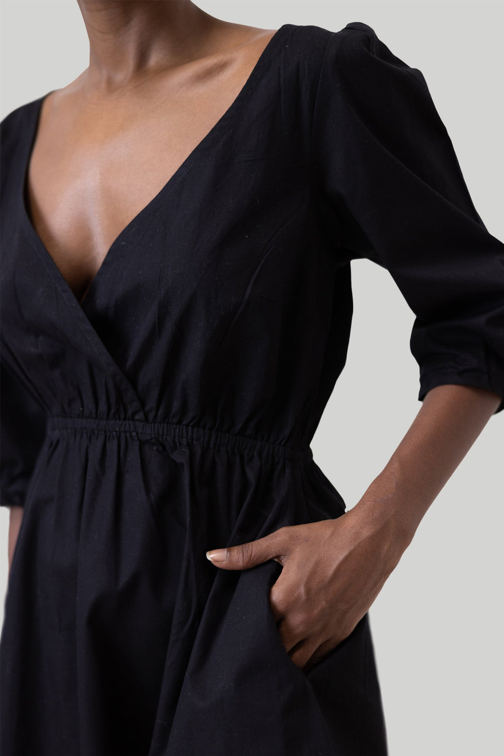 Gathered Elbow Sleeve Short Dress in Black Purplish Diva