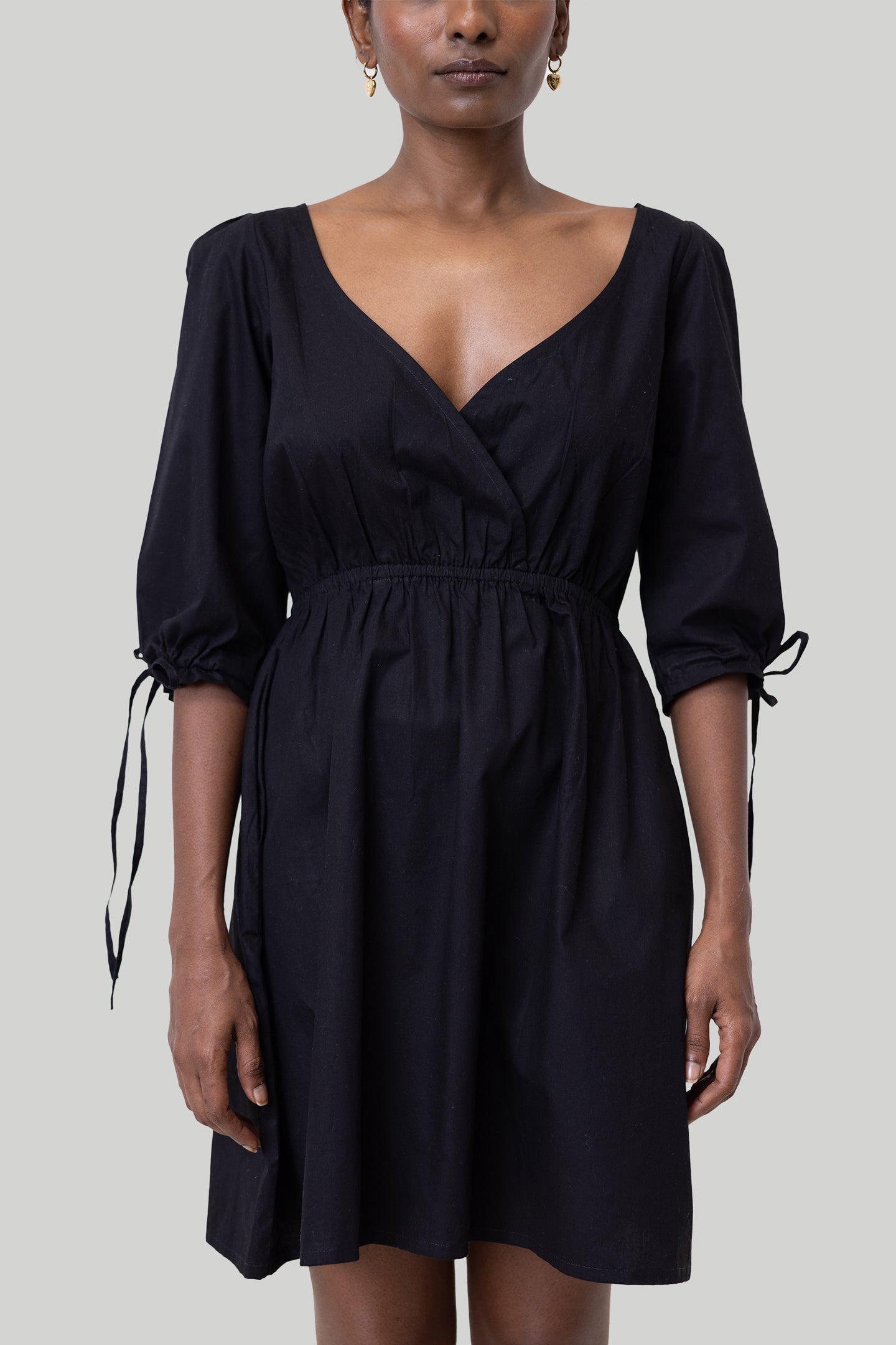 Gathered Elbow Sleeve Short Dress in Black Purplish Diva