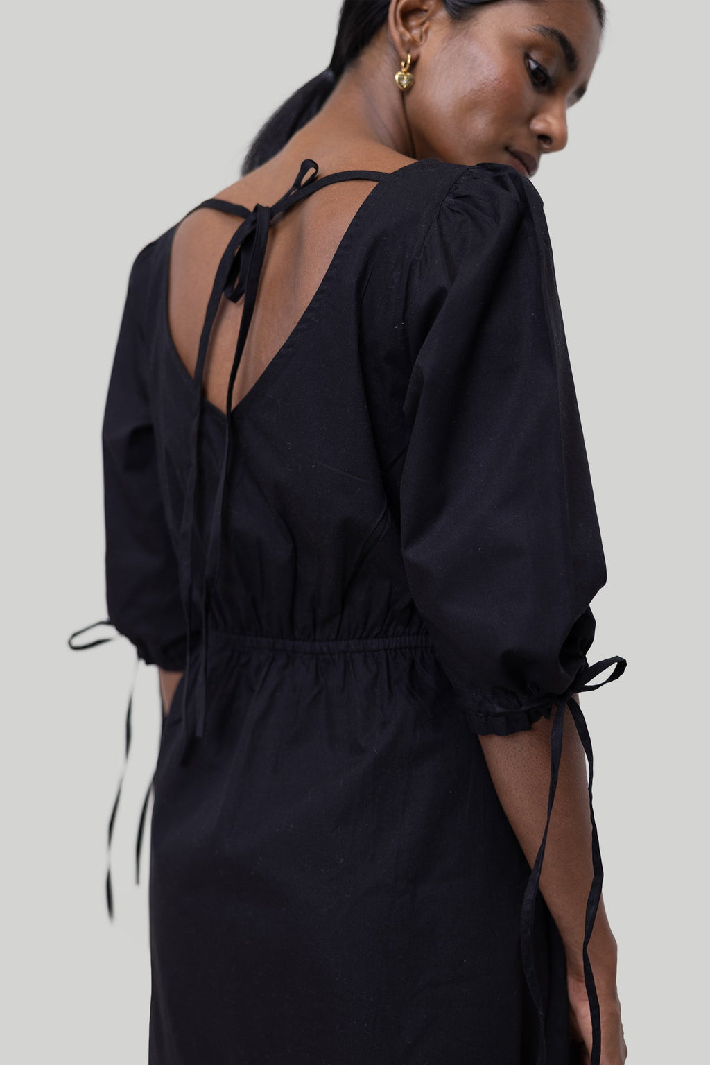 Gathered Elbow Sleeve Short Dress in Black Purplish Diva
