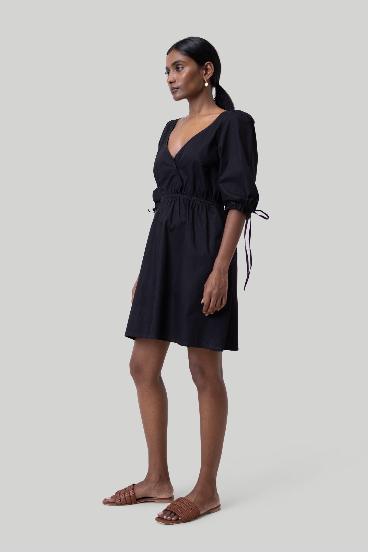 Gathered Elbow Sleeve Short Dress in Black Purplish Diva