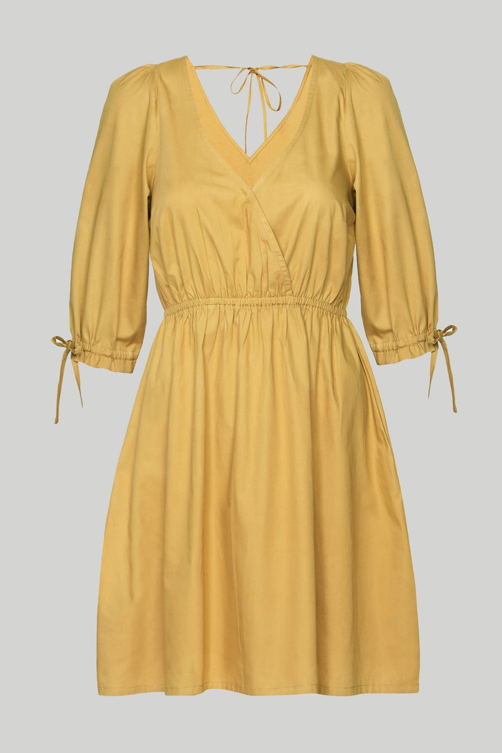 Gathered Elbow Sleeve Short Dress in Mustard Purplish Diva