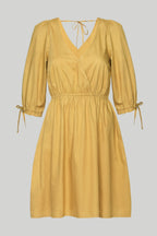 Gathered Elbow Sleeve Short Dress in Mustard Purplish Diva