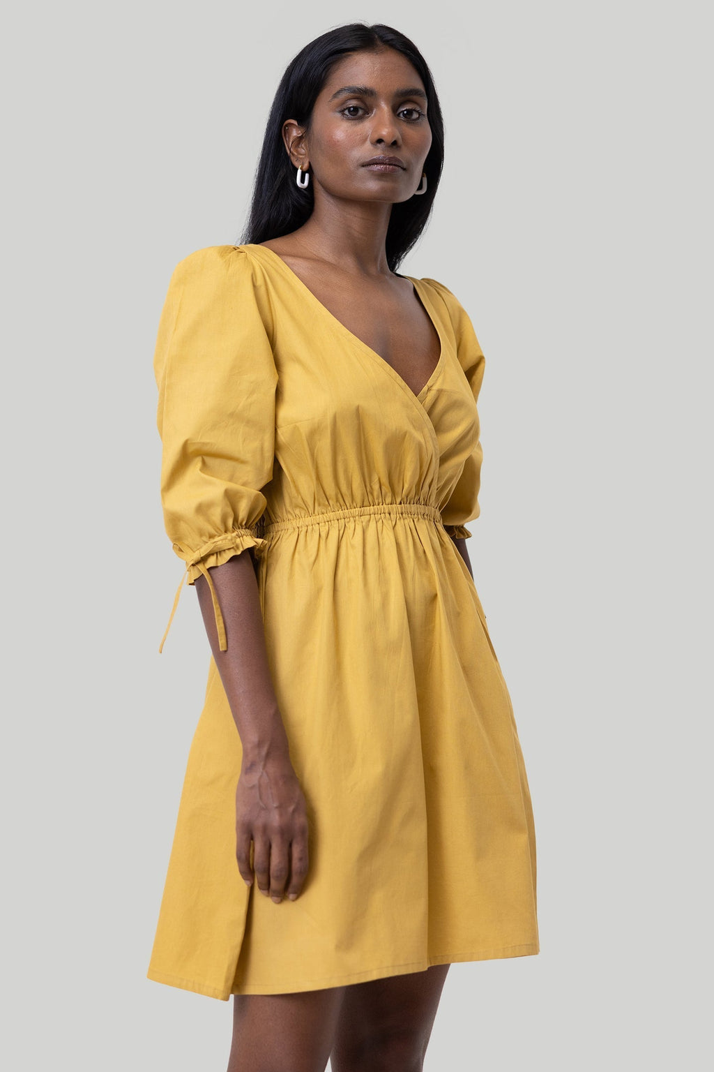 Gathered Elbow Sleeve Short Dress in Mustard Purplish Diva