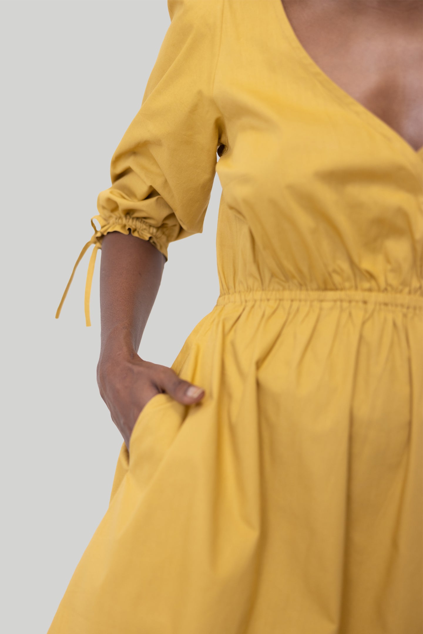 Gathered Elbow Sleeve Short Dress in Mustard Purplish Diva