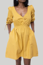 Gathered Elbow Sleeve Short Dress in Mustard Purplish Diva