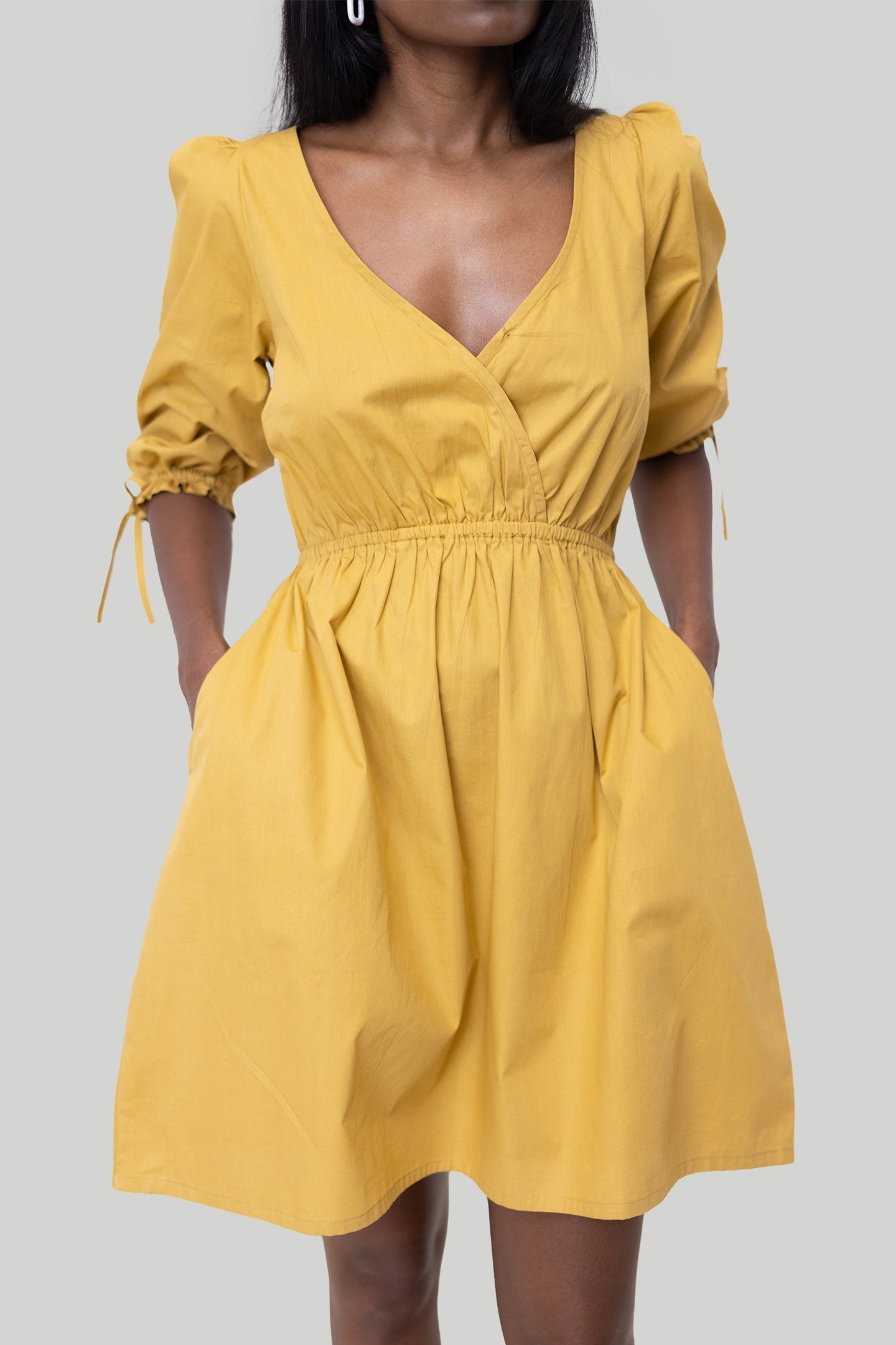 Gathered Elbow Sleeve Short Dress in Mustard Purplish Diva