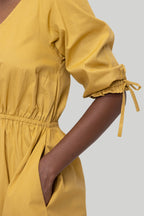 Gathered Elbow Sleeve Short Dress in Mustard Purplish Diva
