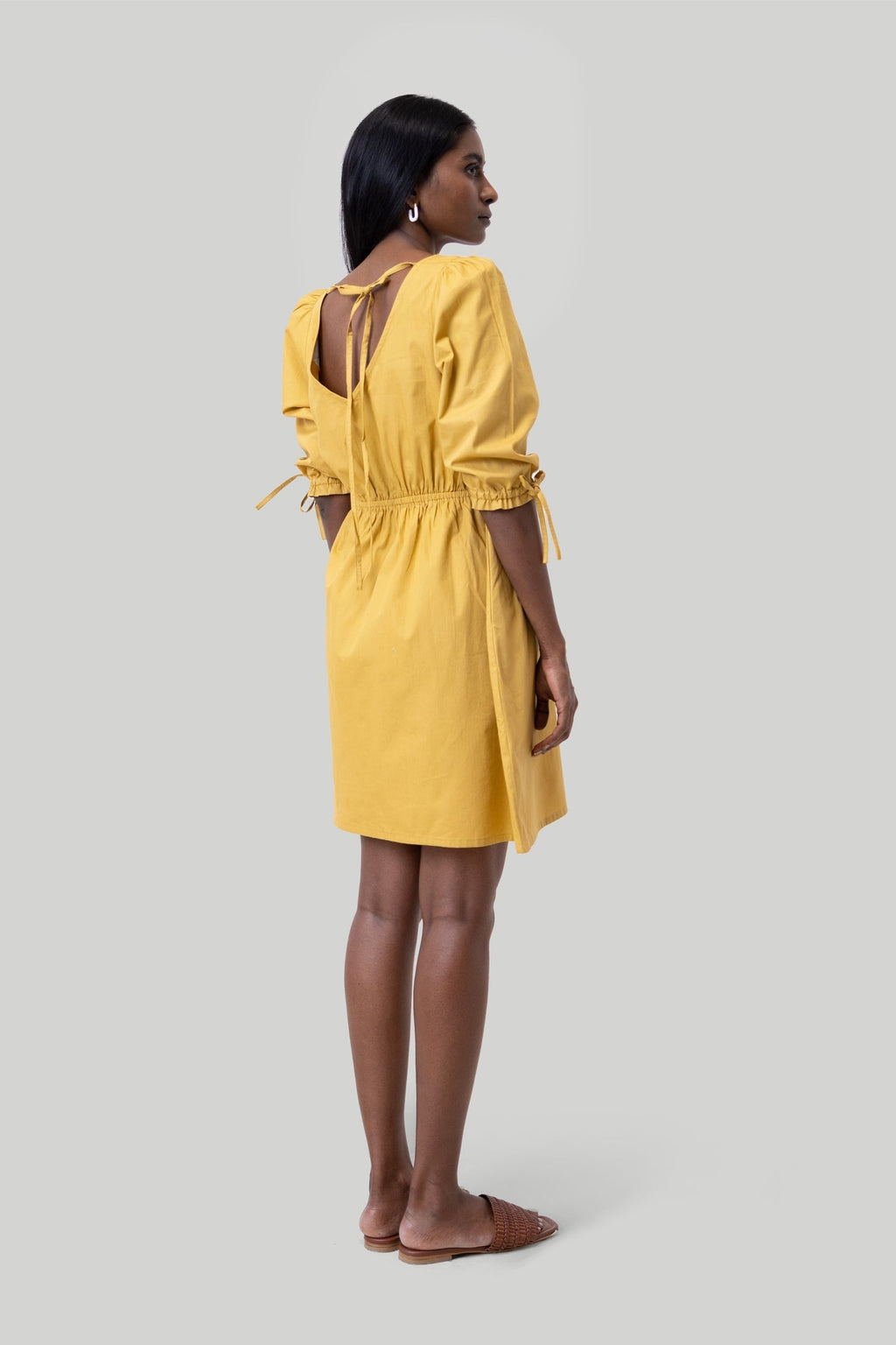 Gathered Elbow Sleeve Short Dress in Mustard Purplish Diva