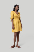 Gathered Elbow Sleeve Short Dress in Mustard Purplish Diva