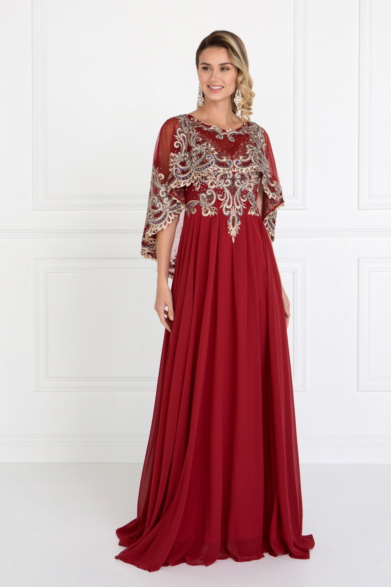 Chiffon A-Line Long Dress with Embroidered Cape Sleeves Purplish Diva