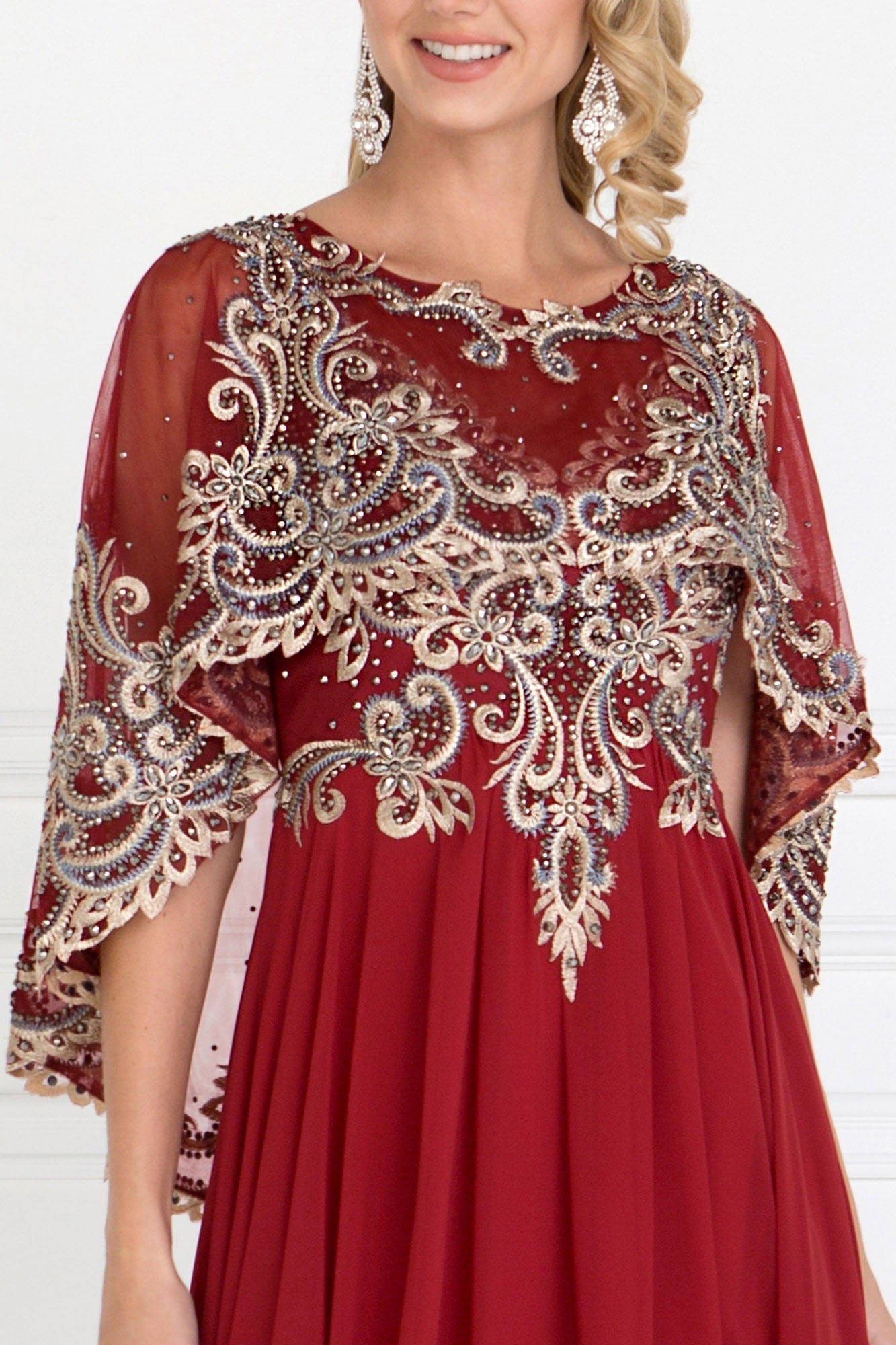 Chiffon A-Line Long Dress with Embroidered Cape Sleeves Purplish Diva