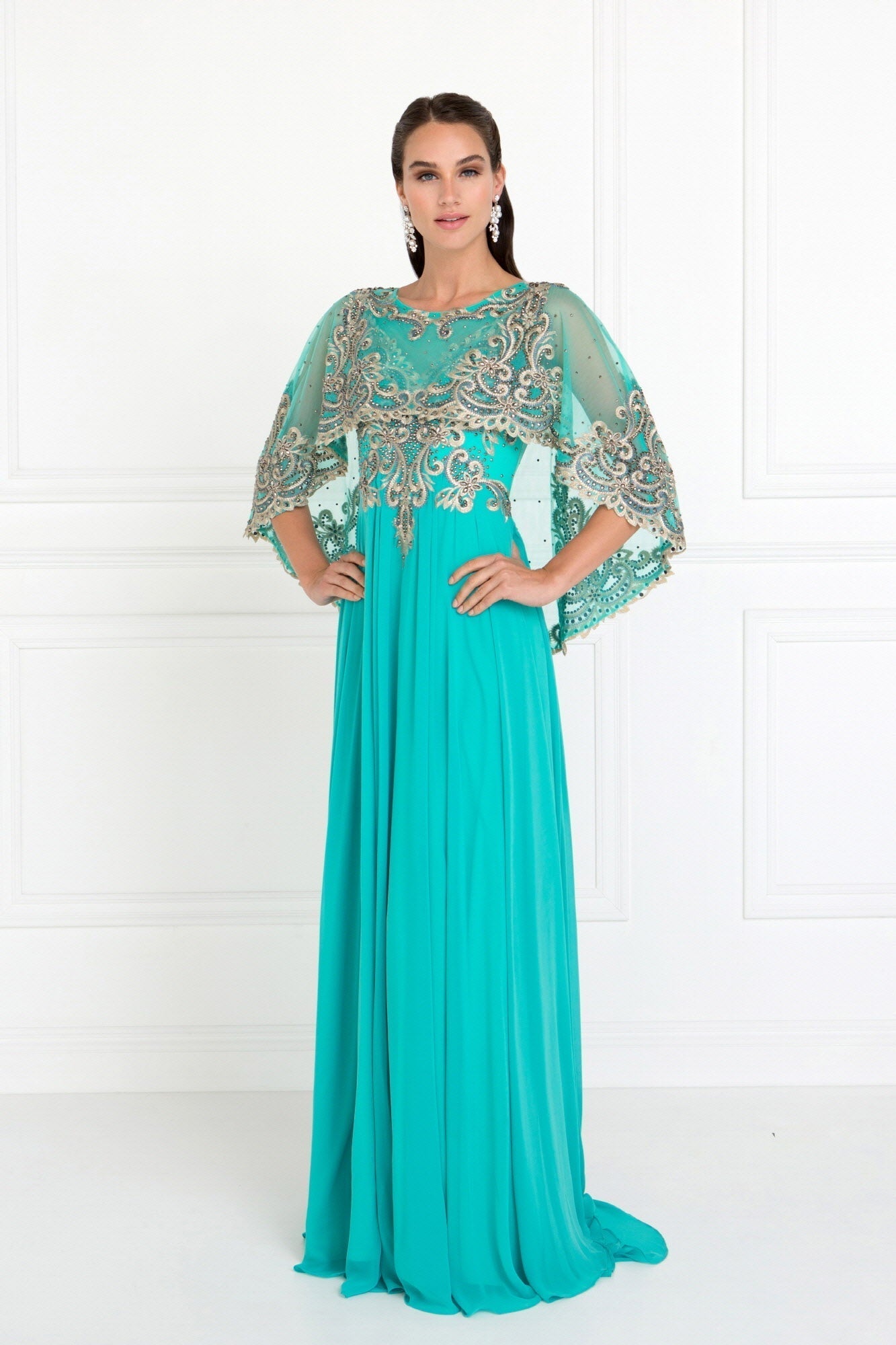 Chiffon A-Line Long Dress with Embroidered Cape Sleeves Purplish Diva