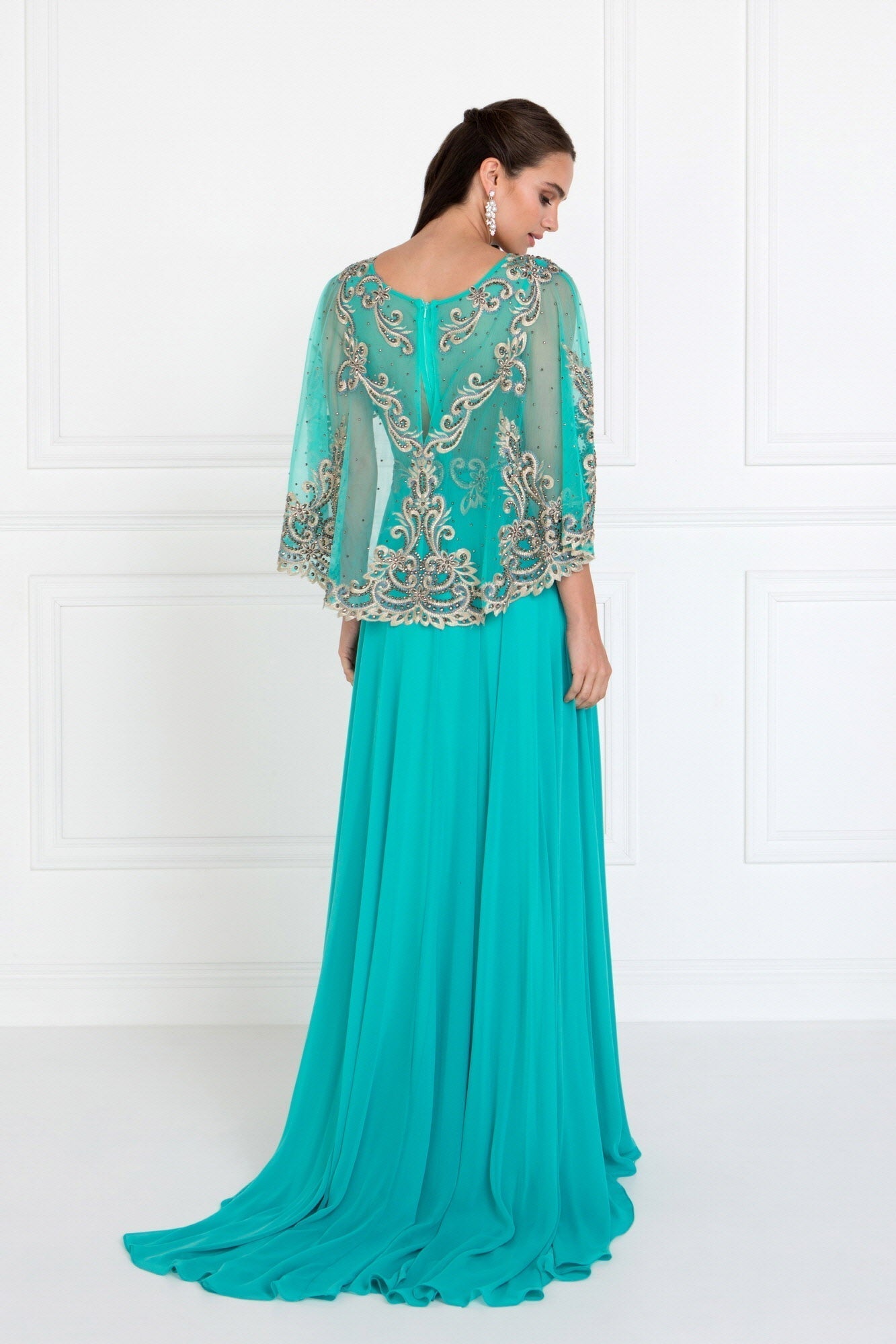 Chiffon A-Line Long Dress with Embroidered Cape Sleeves Purplish Diva
