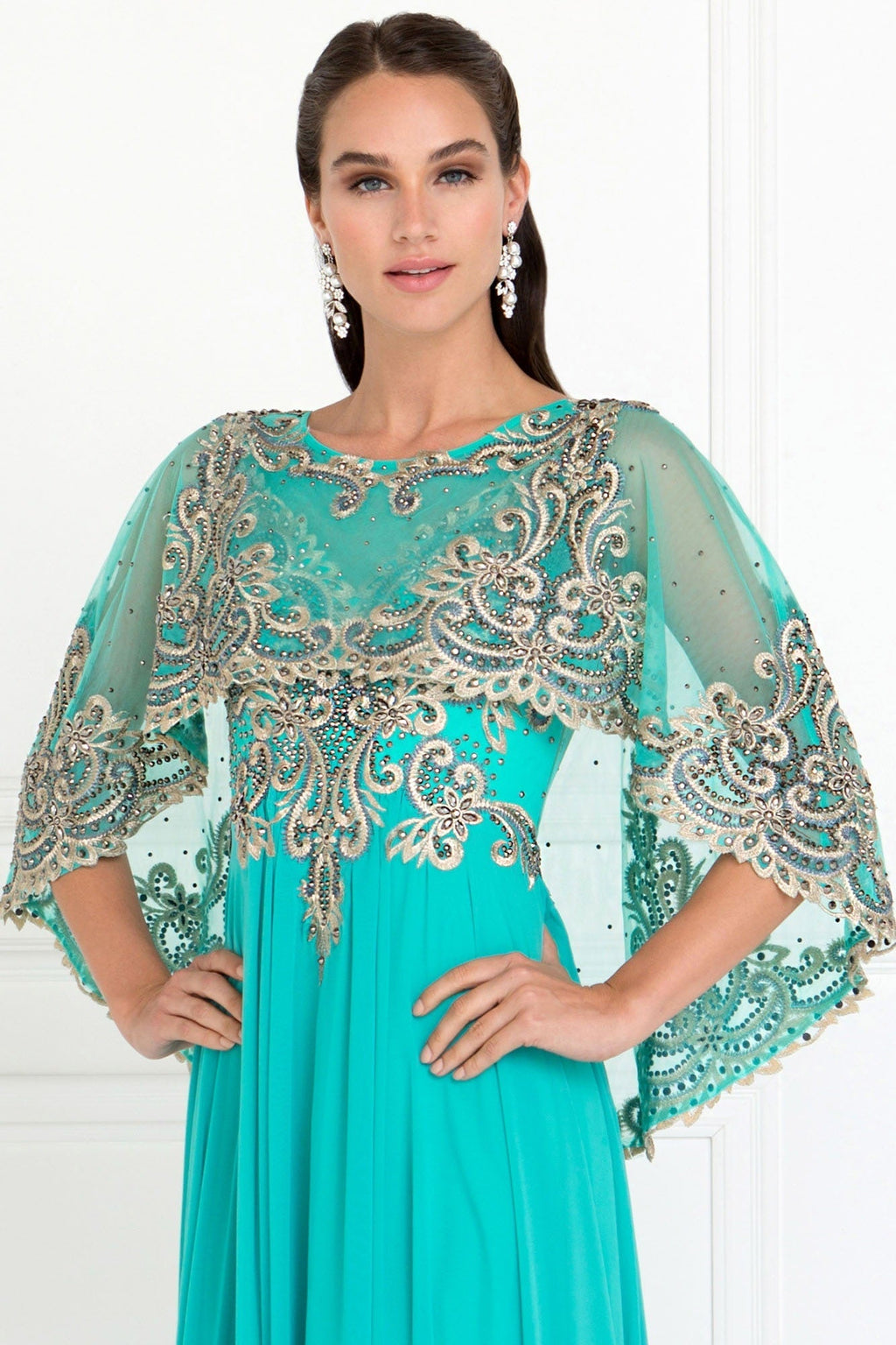 Chiffon A-Line Long Dress with Embroidered Cape Sleeves Purplish Diva
