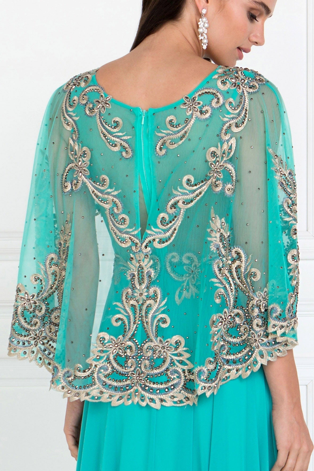Chiffon A-Line Long Dress with Embroidered Cape Sleeves Purplish Diva