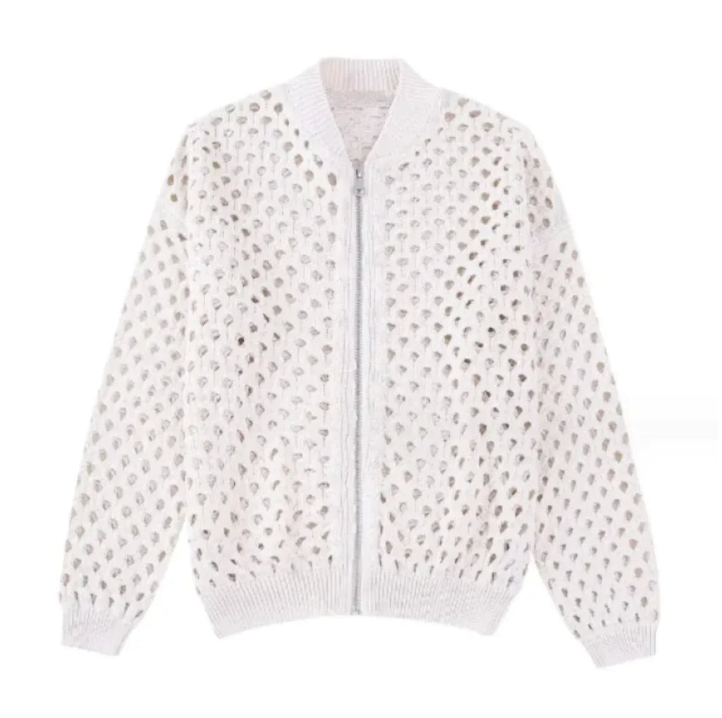 Open Knit Zip-Up Bomber Jacket Pi-Mart