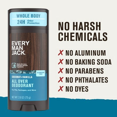 Every Man Jack All Over Solid Deodorant Coconut + Vanilla 2.6oz - New This is Beauty US